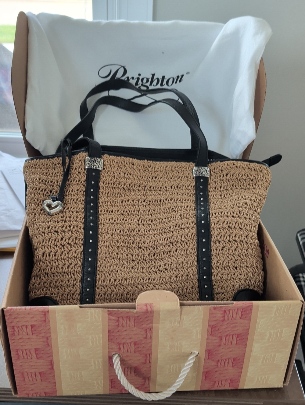 Brighton Tan Woven Tote with Black Leather Trim
